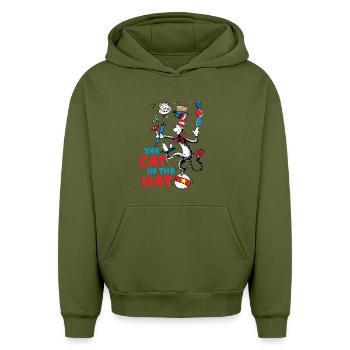 Cat In The Hat Juggling Fun Design - Oversized Heavyweight Unisex Hoodie - khaki - Front - AI Model Female 172 light (172cm) & AI Model Male 185 light (185cm)