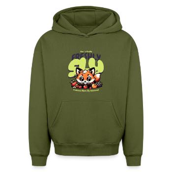 Un renard Kawaii mignon avec des fruits - Sweat à capuche unisexe oversize épais SPREAD - kaki - Devant - AI Model Female 172 light (172cm) & AI Model Male 185 light (185cm)