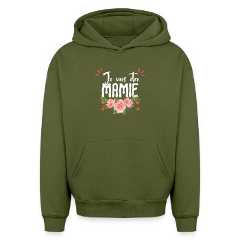 Je vais être mamie, Annonce grossesse - Sweat à capuche unisexe oversize épais SPREAD - kaki - Devant - AI Model Female 172 light (172cm) & AI Model Male 185 light (185cm)