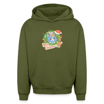 Tom & Jerry Gokko Joyeux Noël - Sweat à capuche unisexe oversize épais SPREAD - kaki - Devant - AI Model Female 172 light (172cm) & AI Model Male 185 light (185cm)