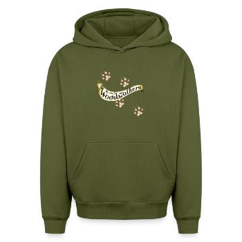 Woodwalkers Curved Lettering With Paws - Oversized Heavyweight Unisex Hoodie - khaki - Front - AI Model Female 172 light (172cm) & AI Model Male 185 light (185cm)