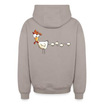 Hen lays a lot of eggs - Cartoon - Chicken - Gift - Oversized Heavyweight Unisex Zip Hoodie - taupe - Back - AI Model Male 178 light (178cm)