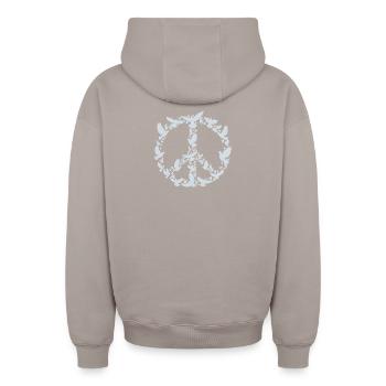 Friedenstauben Peace Symbol Kunst Design - Oversized Heavyweight Unisex Zip Hoodie - Taupe - Hinten - AI Model Male 178 light (178cm)
