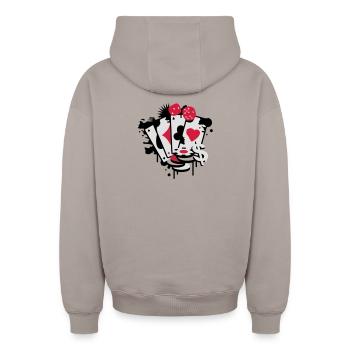 Quatre cartes à jouer, le Carreau , le Cœur , le - Sweat à capuche unisexe zippé oversize épais SPREAD - taupe - Dos - AI Model Male 178 light (178cm)