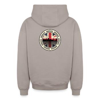 Norwich Union Jack Skyline-Abzeichen - Oversized Heavyweight Unisex Zip Hoodie - Taupe - Hinten - AI Model Male 178 light (178cm)