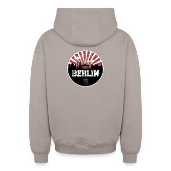 Berlin Skyline Heimspiel - Oversized Heavyweight Unisex Zip Hoodie - Taupe - Hinten - AI Model Male 178 light (178cm)