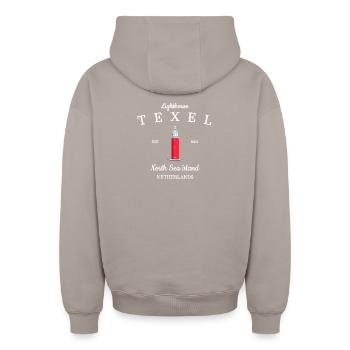 Leuchtturm auf Texel, Niederlande, Handzeichnung - Oversized Heavyweight Unisex Zip Hoodie - Taupe - Hinten - AI Model Male 178 light (178cm)