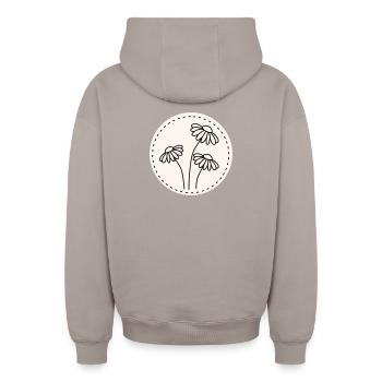 Daisy Line Art – Floral Motif Circle - Oversized Heavyweight Unisex Zip Hoodie - taupe - Back - AI Model Male 178 light (178cm)