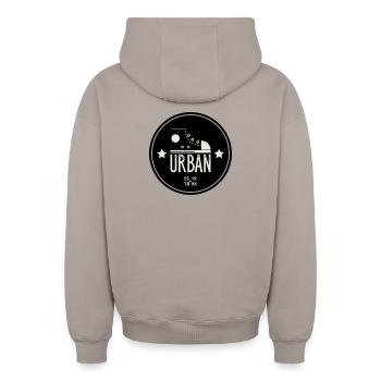Urban Style Badge Featuring Red Sneaker and Bold  - Sweat à capuche unisexe zippé oversize épais SPREAD - taupe - Dos - AI Model Male 178 light (178cm)