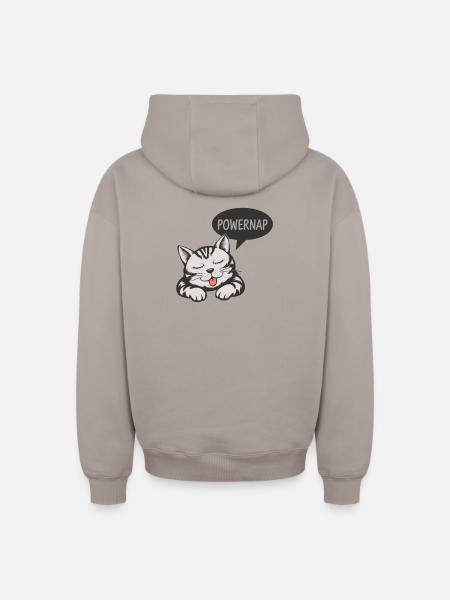 Powernap Cat - Sleeping Motif - Oversized Heavyweight Unisex Zip Hoodie - taupe