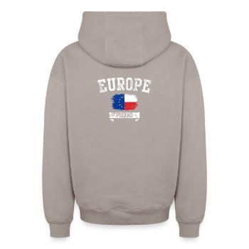 Europe Pologne Fusion du drapeau - Sweat à capuche unisexe zippé oversize épais SPREAD - taupe - Dos - AI Model Male 178 light (178cm)
