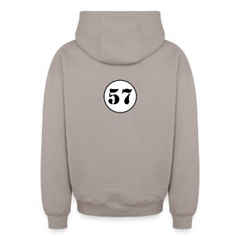 NUMBER 57 fifty seven birthday gift - Oversized Heavyweight Unisex Zip Hoodie - taupe - Back - AI Model Male 178 light (178cm)