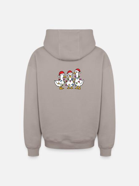 Three Festive Ducks in Santa Hats - Oversized Heavyweight Unisex Zip Hoodie - taupe