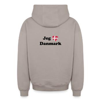 Jeg elsker Danmark - J'aime le Danemark - Sweat à capuche unisexe zippé oversize épais SPREAD - taupe - Dos - AI Model Male 178 light (178cm)