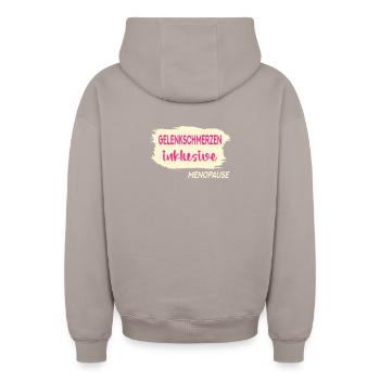 GELENKSCHMERZEN WECHSELJAHRE MENOPAUSE - Oversized Heavyweight Unisex Zip Hoodie - Taupe - Hinten - AI Model Male 178 light (178cm)