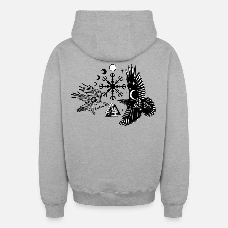 Hugin et Munin avec Vegvisir Valknut - Sweat à capuche unisexe zippé oversize épais SPREAD - gris chiné