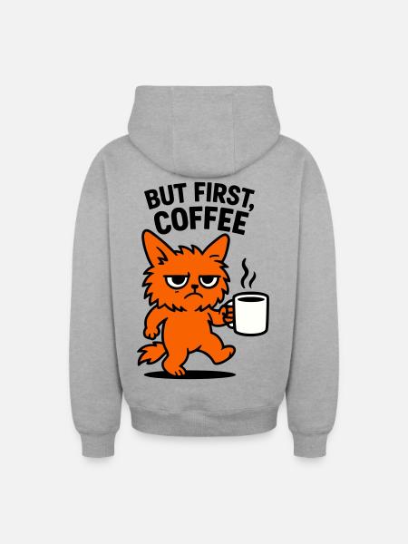 But first coffee cat - Oversized Heavyweight Unisex Zip Hoodie - Grau meliert