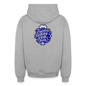 Birthday Party Team Saying - Oversized Heavyweight Unisex Zip Hoodie - heather grey - Back - AI Model Male 185 dark (185cm)