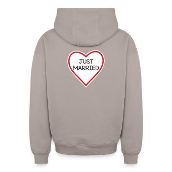 Heart Banner Just Married - Oversized Heavyweight Unisex Zip Hoodie - taupe - Back - AI Model Male 178 light (178cm)