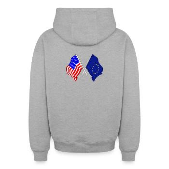 Drapeau des États-Unis et drapeau de l’Union européenne - Sweat à capuche unisexe zippé oversize épais SPREAD - gris chiné - Dos - AI Model Male 185 dark (185cm)