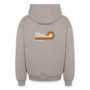 Stuttgart Retro Shirt 7000 PLZ Postleitzahl 80er - Oversized Heavyweight Unisex Zip Hoodie - Taupe - Hinten - AI Model Male 178 light (178cm)