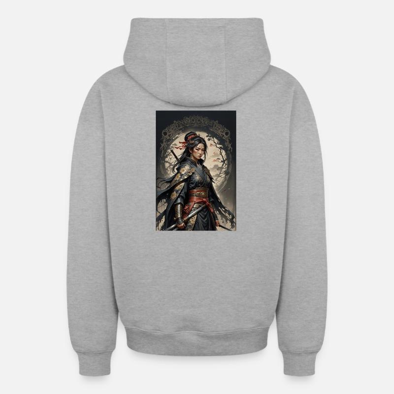 Dunkle Samurai Kriegerin im Kimono - Oversized Heavyweight Unisex Zip Hoodie - Grau meliert