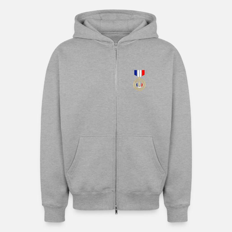 Médaille Bleu Blanc Rouge - Sweat à capuche unisexe zippé oversize épais SPREAD - gris chiné
