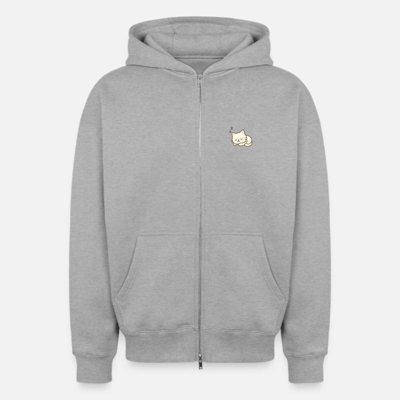 Chat endormi - Sweat à capuche unisexe zippé oversize épais SPREAD - gris chiné