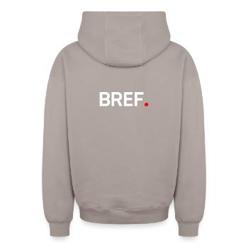 In short, modern minimal humor - Oversized Heavyweight Unisex Zip Hoodie - taupe - Back - AI Model Male 178 light (178cm)