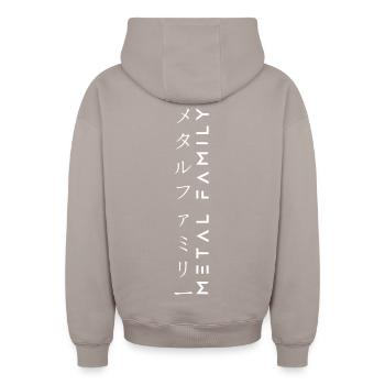 Conception de la famille métallique | Kanji - Sweat à capuche unisexe zippé oversize épais SPREAD - taupe - Dos - AI Model Male 178 light (178cm)