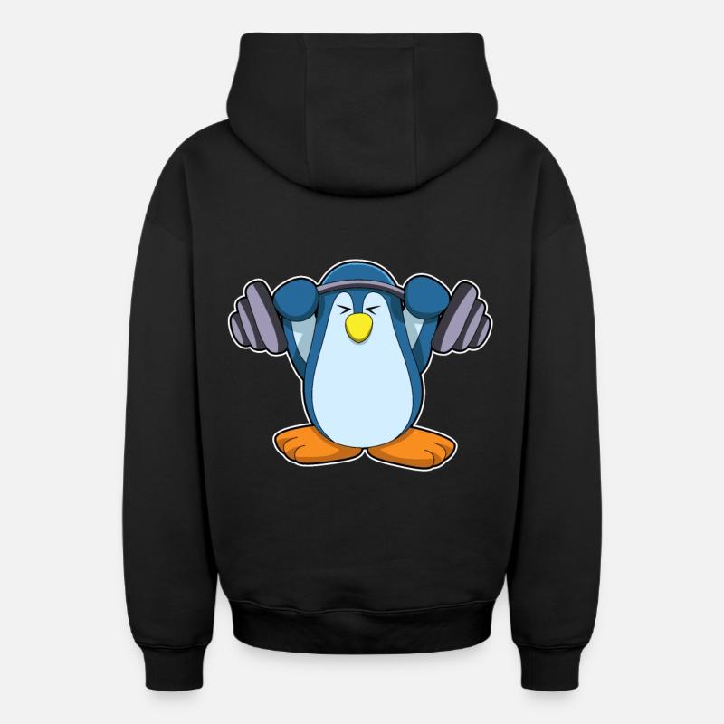 Penguin Bodybuilder Barbell Musculation - Sweat à capuche unisexe zippé oversize épais SPREAD - noir