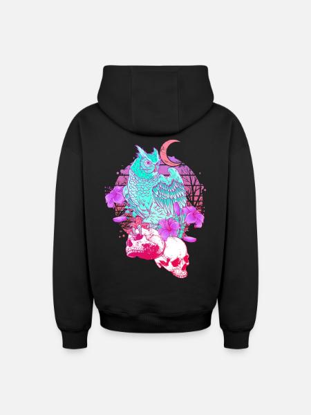 Pastel Goth Skull Owl Aesthetic Clothes Moon - Oversized Heavyweight Unisex Zip Hoodie - black
