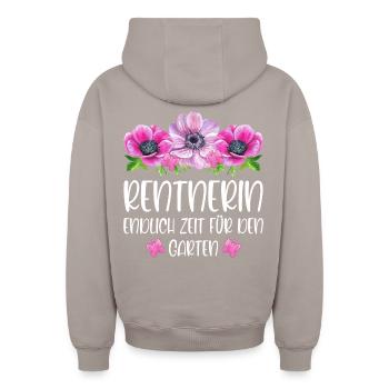 Rentnerin Ruhestand Endlich Zeit für den Garten - Oversized Heavyweight Unisex Zip Hoodie - Taupe - Hinten - AI Model Male 178 light (178cm)