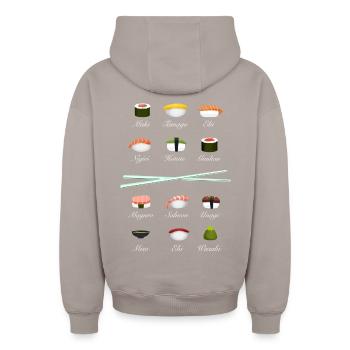 sushi kit Chopsticks manga wasabi japan riz fish - Sweat à capuche unisexe zippé oversize épais SPREAD - taupe - Dos - AI Model Male 178 light (178cm)