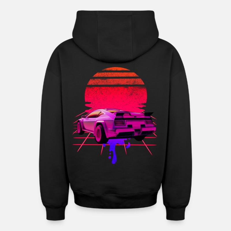 Retro Wave Supercar Sunset - Sweat à capuche unisexe zippé oversize épais SPREAD - noir