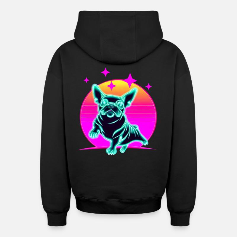 Bulldog français Synthwave Frenchie - Sweat à capuche unisexe zippé oversize épais SPREAD - noir