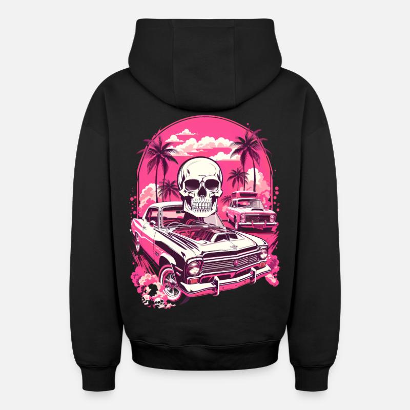 Voiture classique et crâne - Sweat à capuche unisexe zippé oversize épais SPREAD - noir