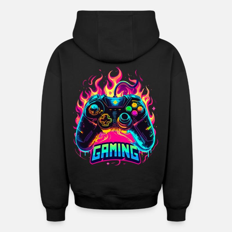 Manette de jeu Flames Art - Sweat à capuche unisexe zippé oversize épais SPREAD - noir