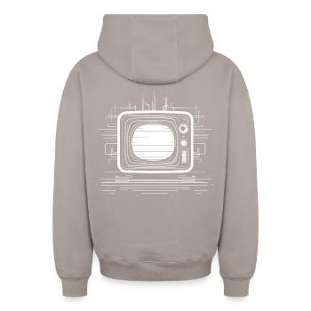 Oldschool TV Sketch - Oversized Heavyweight Unisex Zip Hoodie - taupe - Back - AI Model Male 178 light (178cm)