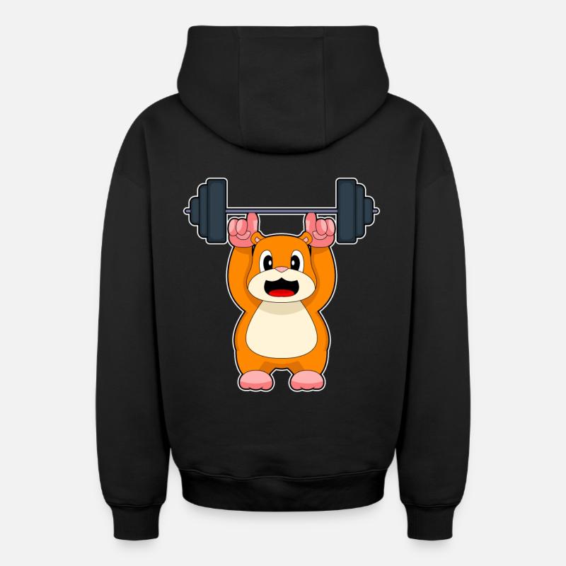 Bodybuilder Hamster Bodybuilding avec barre - Sweat à capuche unisexe zippé oversize épais SPREAD - noir