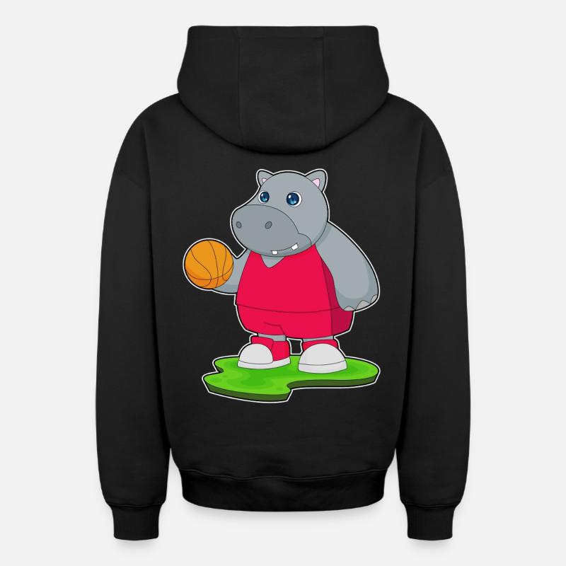 Hippopotame Basketteur Basketteur - Sweat à capuche unisexe zippé oversize épais SPREAD - noir