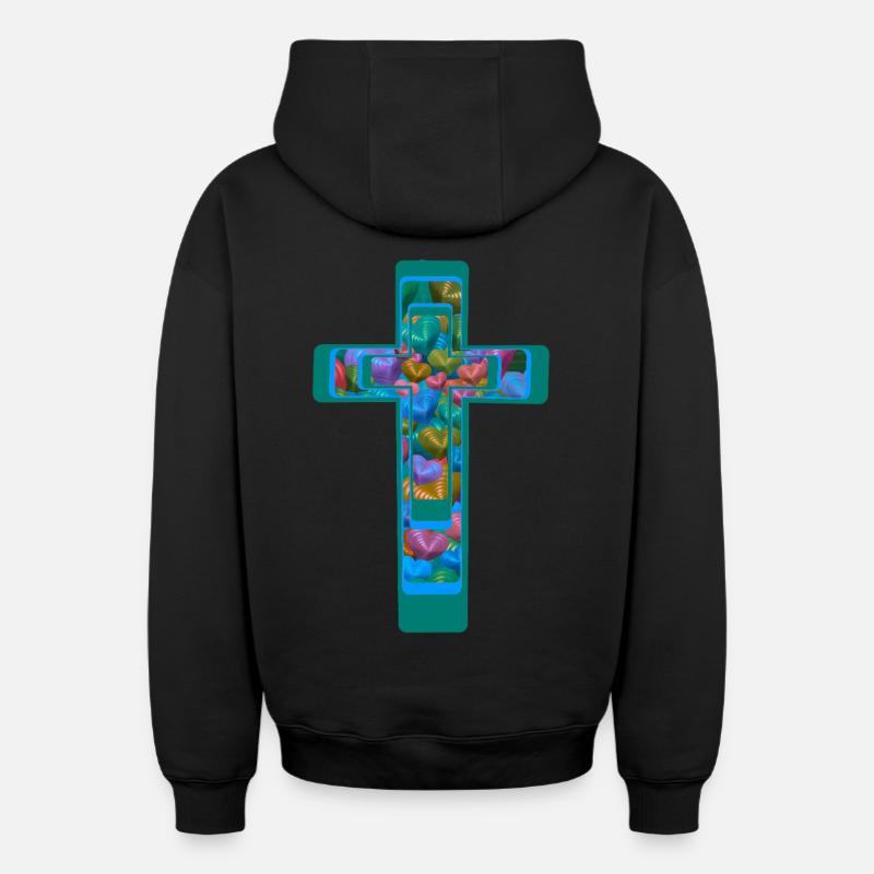 Croix Crucifix Croix Coeurs - Sweat à capuche unisexe zippé oversize épais SPREAD - noir
