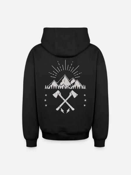 Rugged Mountain Sunrise Axe Emblem - Oversized Heavyweight Unisex Zip Hoodie - black