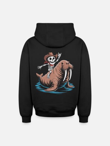 Skeleton cowboy on walrus - Oversized Heavyweight Unisex Zip Hoodie - black