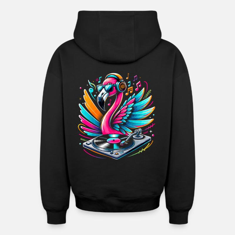 Flamingo DJ Neonbeat - Sweat à capuche unisexe zippé oversize épais SPREAD - noir