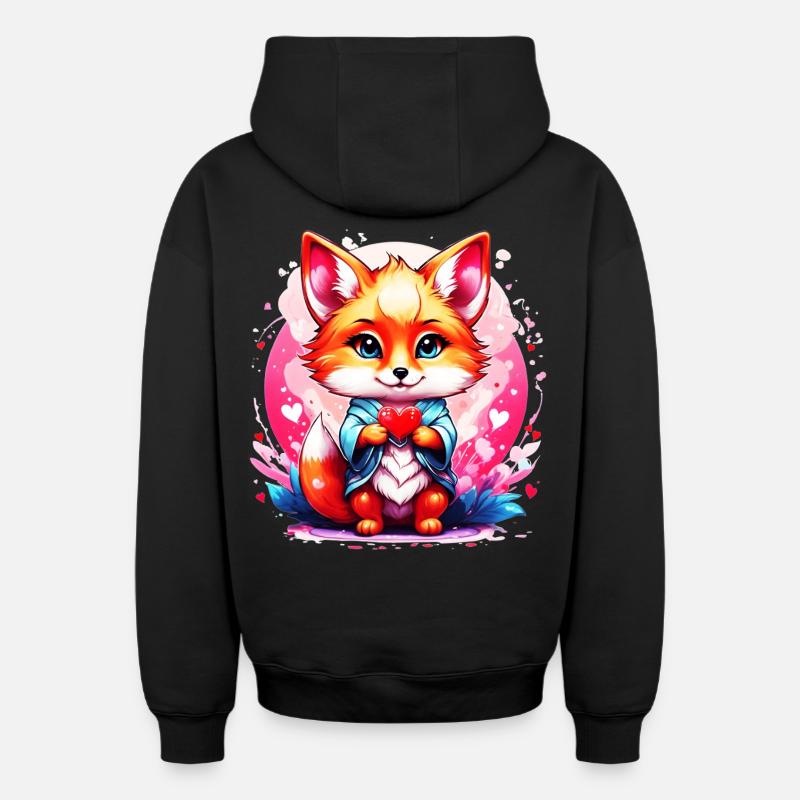 Kawaii Chibi Fox - Sweat à capuche unisexe zippé oversize épais SPREAD - noir