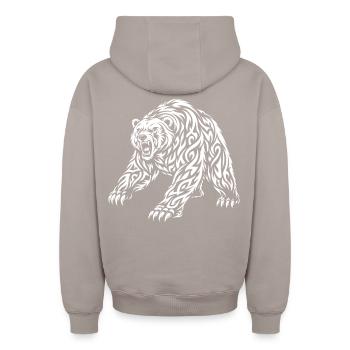 Tribal Grizzly – Wild Bear Motif - Oversized Heavyweight Unisex Zip Hoodie - taupe - Back - AI Model Male 178 light (178cm)