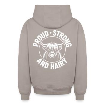 Highland Zottelpower - Oversized Heavyweight Unisex Zip Hoodie - Taupe - Hinten - AI Model Male 178 light (178cm)
