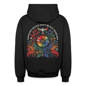 Menschenrechte statt Rechte Menschen Statement - Oversized Heavyweight Unisex Zip Hoodie - Schwarz - Hinten - AI Model Male 185 dark (185cm)