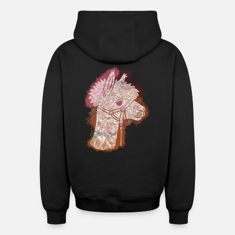 Alpaga Zentangle - Sweat à capuche unisexe zippé oversize épais SPREAD - noir